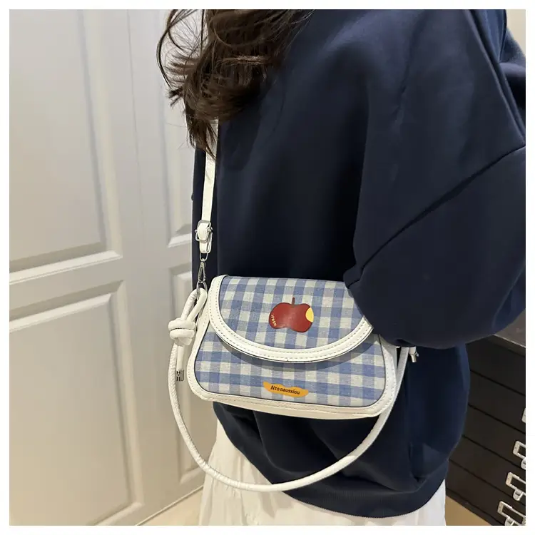 Cute Apple Design Crossbody Bag for Women Blue Checkered — feature 15