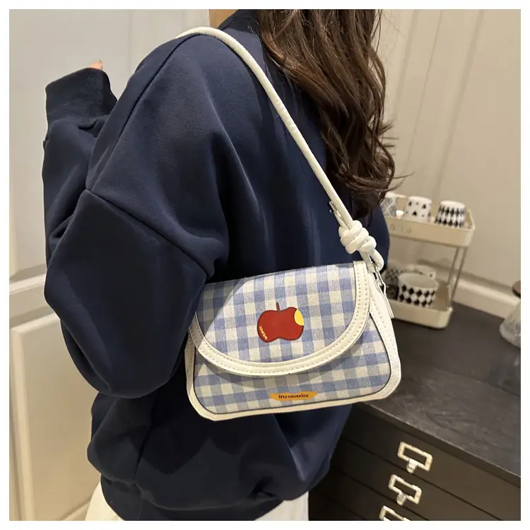 Cute Apple Design Crossbody Bag for Women Blue Checkered — feature 18