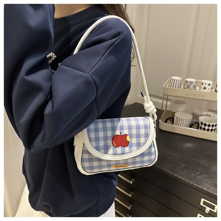 Cute Apple Design Crossbody Bag for Women Blue Checkered — feature 19