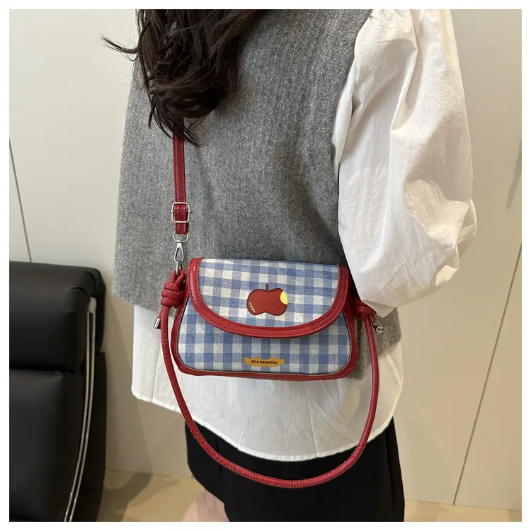 Cute Apple Design Crossbody Bag for Women Blue Checkered — feature 22
