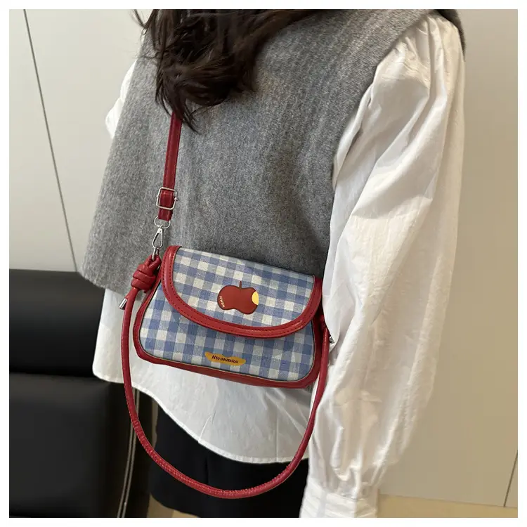 Cute Apple Design Crossbody Bag for Women Blue Checkered — feature 23
