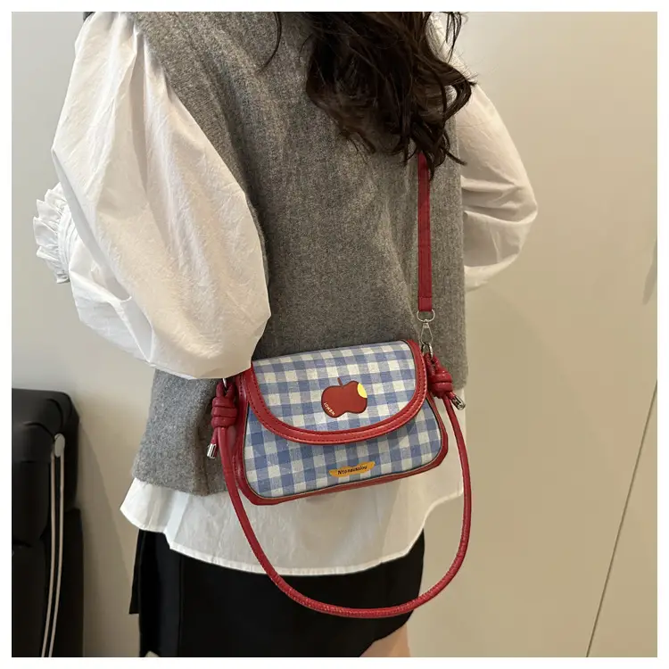 Cute Apple Design Crossbody Bag for Women Blue Checkered — feature 24
