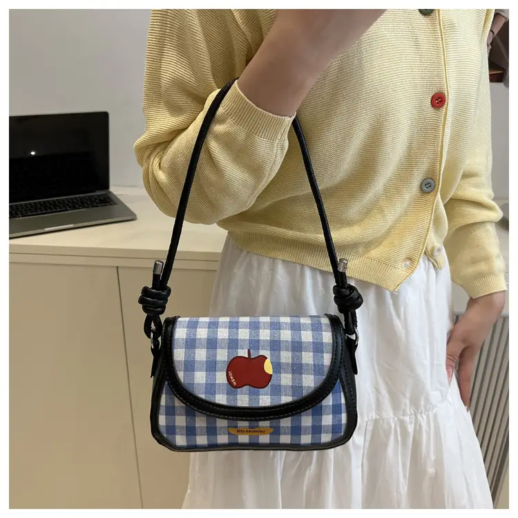 Cute Apple Design Crossbody Bag for Women Blue Checkered — feature 26