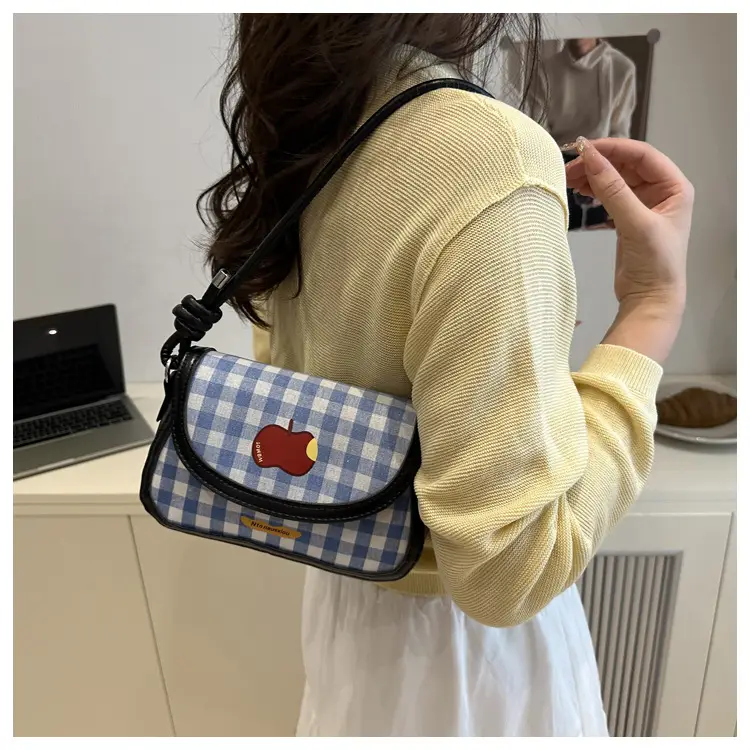 Cute Apple Design Crossbody Bag for Women Blue Checkered — feature 28