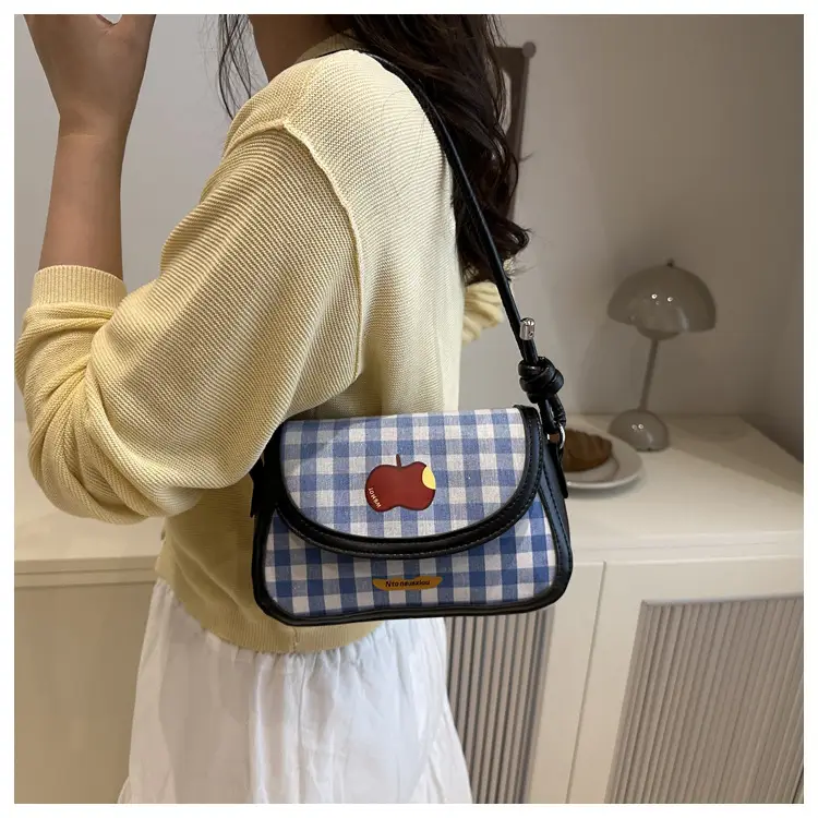 Cute Apple Design Crossbody Bag for Women Blue Checkered — feature 31