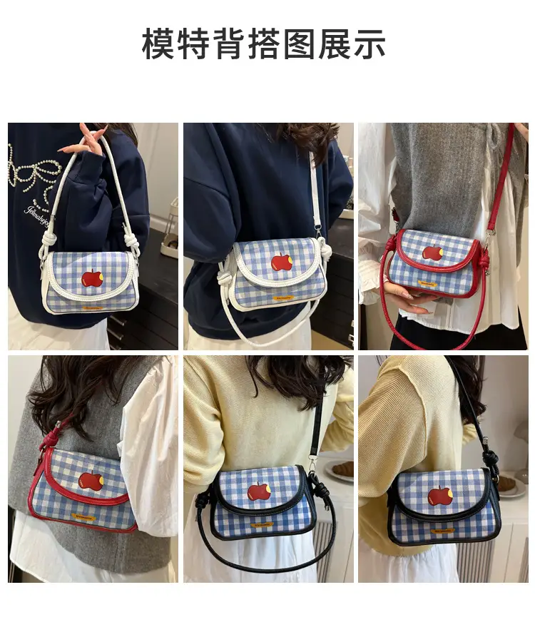 Cute Apple Design Crossbody Bag for Women Blue Checkered — feature 8