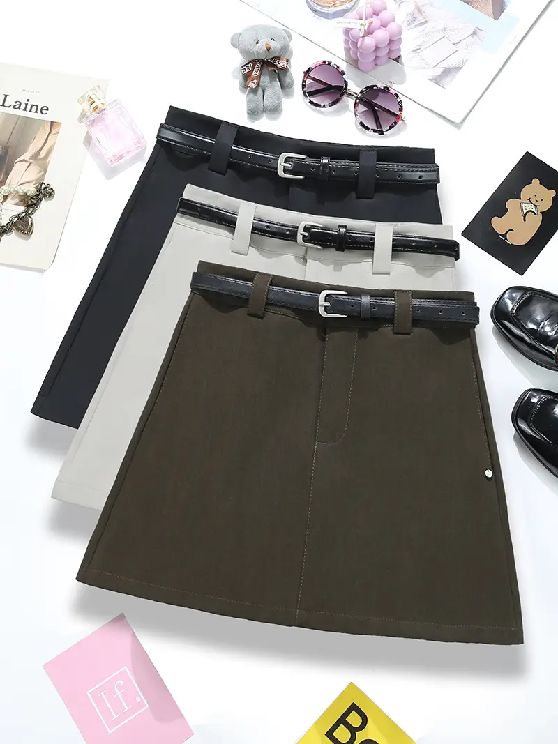 Black A-Line Skirt with Belt for Women — feature 1