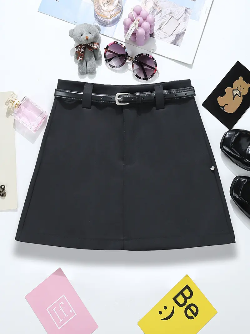 Black A-Line Skirt with Belt for Women — feature 4