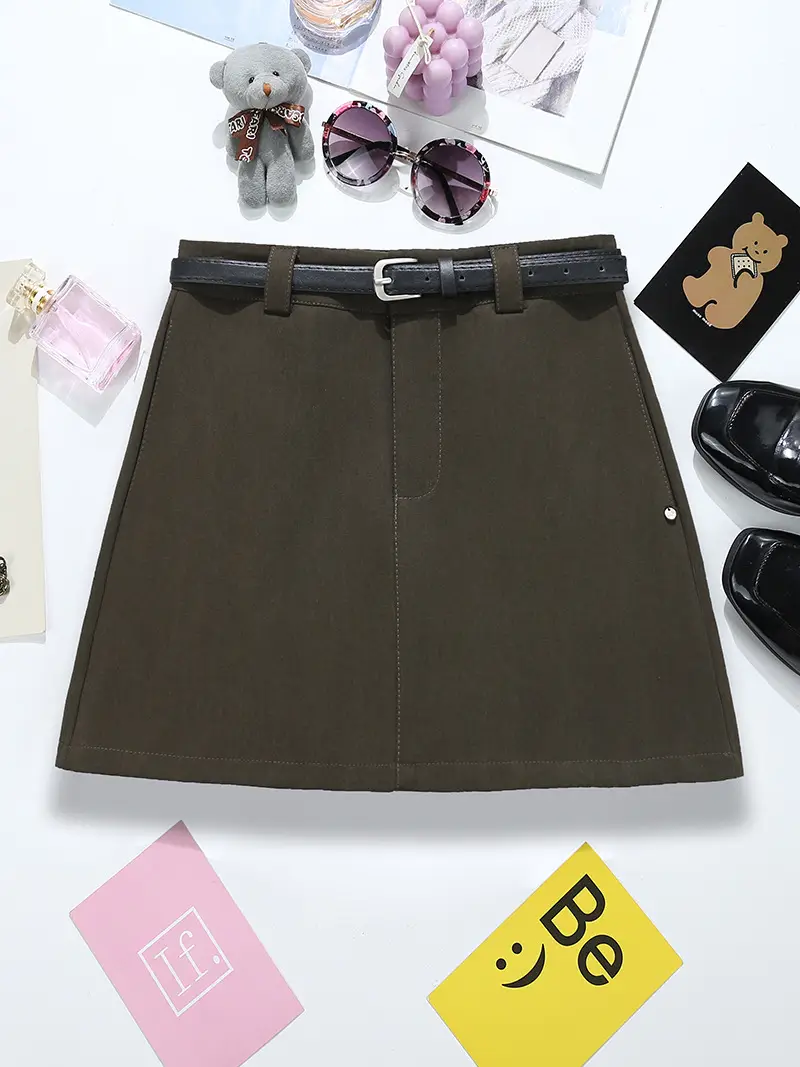 Black A-Line Skirt with Belt for Women - Image 3