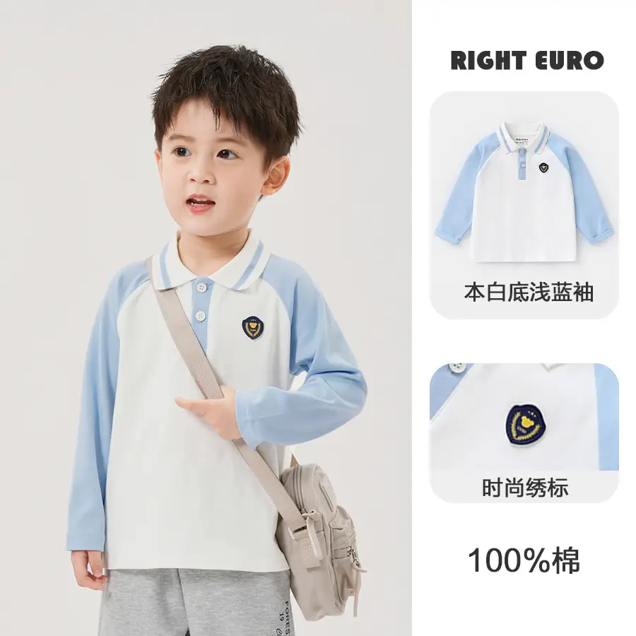Right Euro Boys Long Sleeve Polo Shirt Light Blue Cotton - Image 13