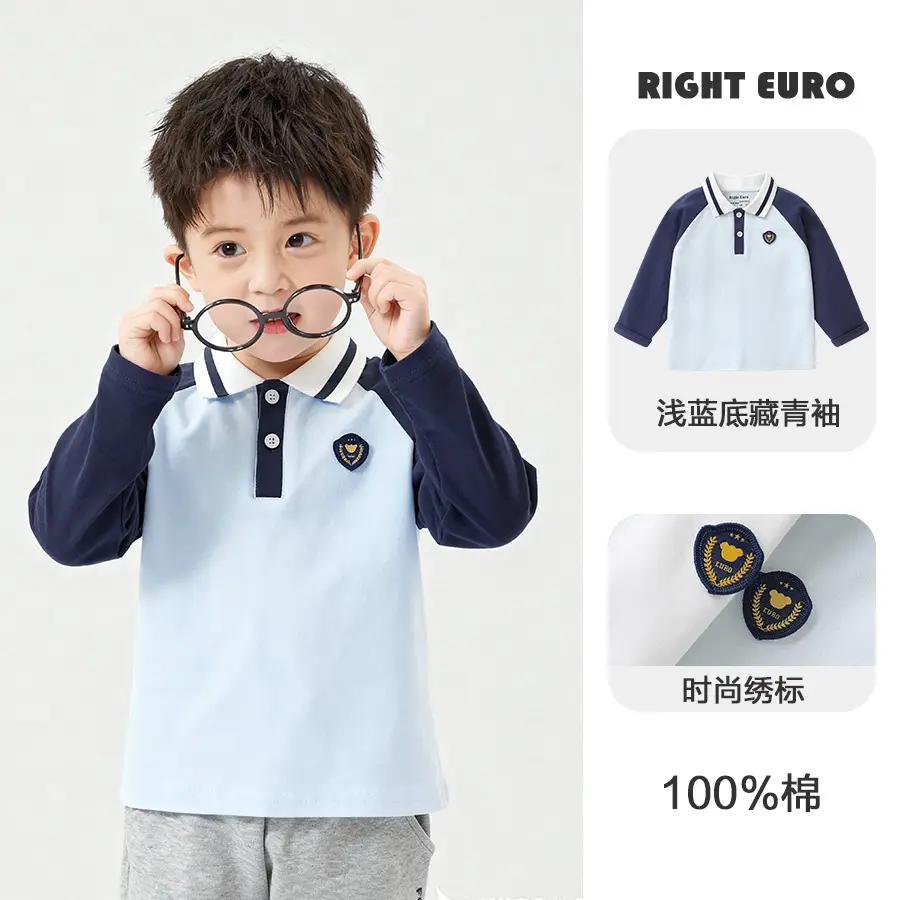 Right Euro Boys Long Sleeve Polo Shirt Light Blue Cotton - Image 14