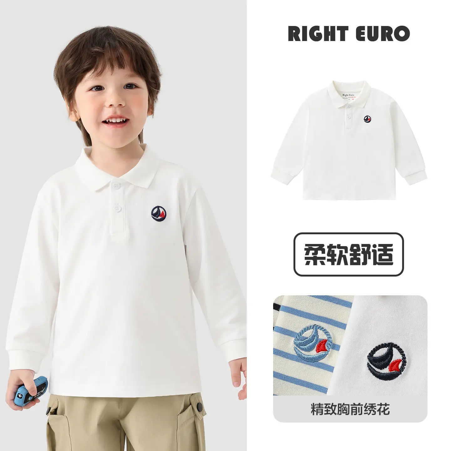 Right Euro Boys Long Sleeve Polo Shirt Light Blue Cotton - Image 29