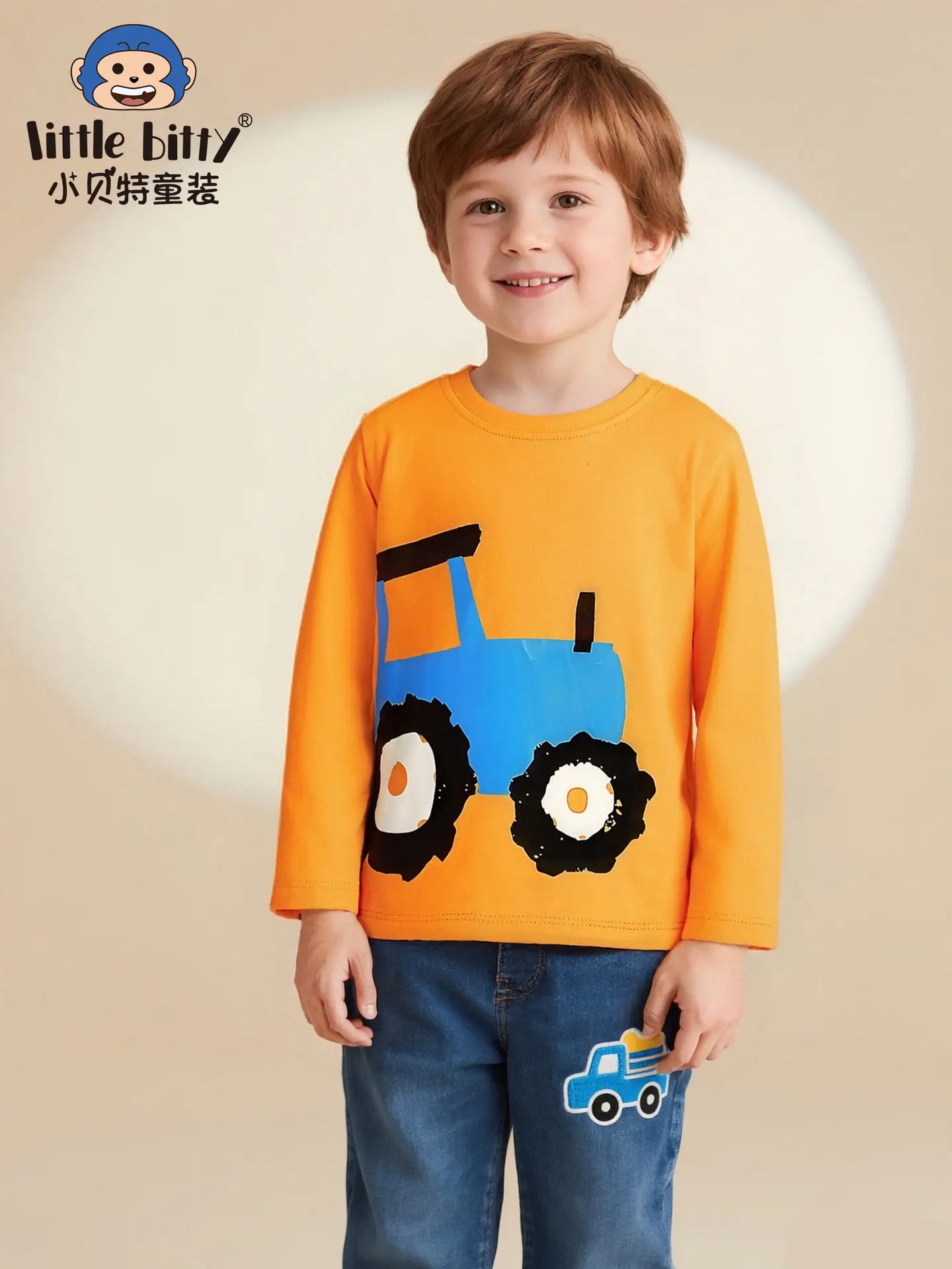 Kids T-Shirt Orange Tractor Print Round Neck Long Sleeve