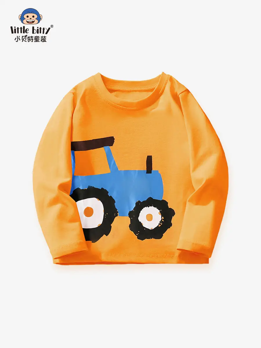 Kids T-Shirt Orange Tractor Print Round Neck Long Sleeve