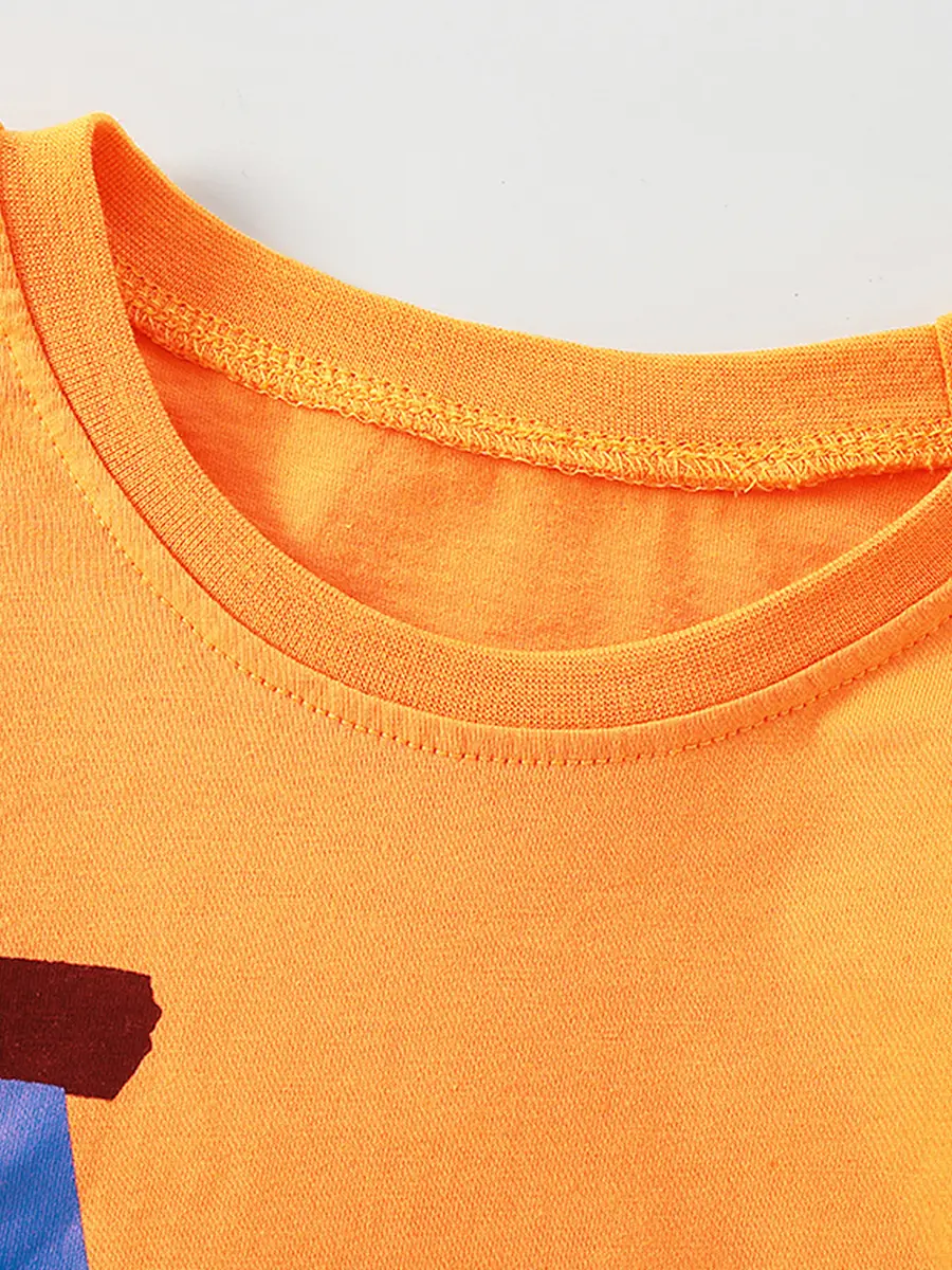 Kids T-Shirt Orange Tractor Print Round Neck Long Sleeve