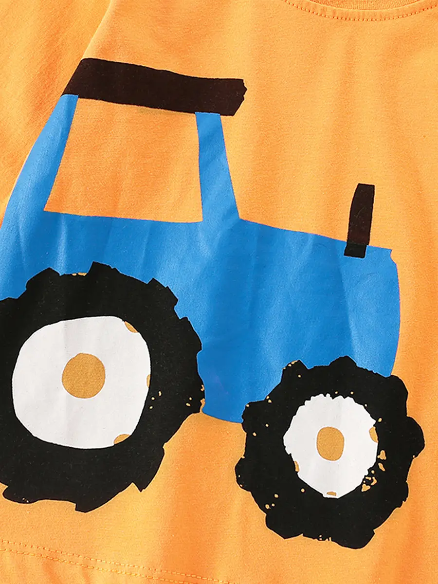 Kids T-Shirt Orange Tractor Print Round Neck Long Sleeve