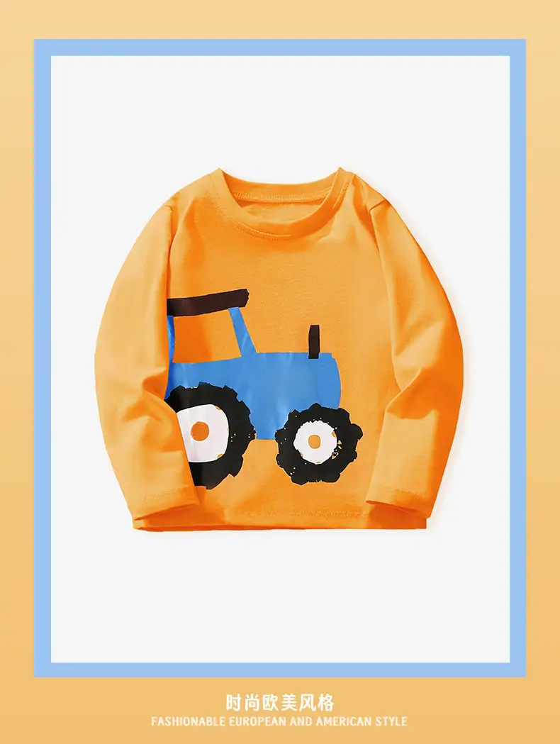 Kids T-Shirt Orange Tractor Print Round Neck Long Sleeve — feature 3