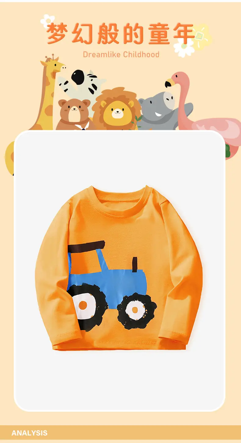 Kids T-Shirt Orange Tractor Print Round Neck Long Sleeve — feature 7