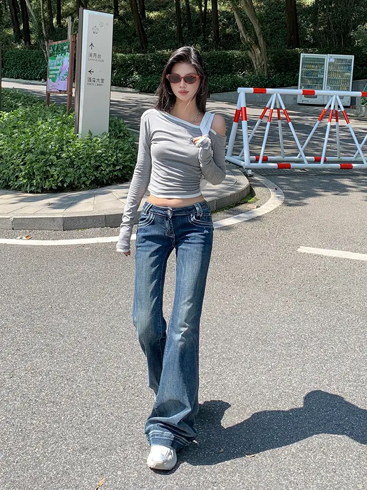Women Flared Jeans Dark Blue 2025 Fall