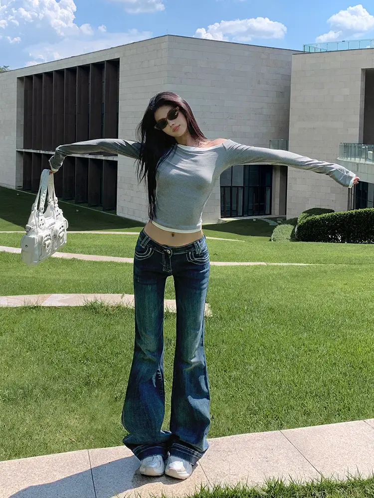 Women Flared Jeans Dark Blue 2025 Fall