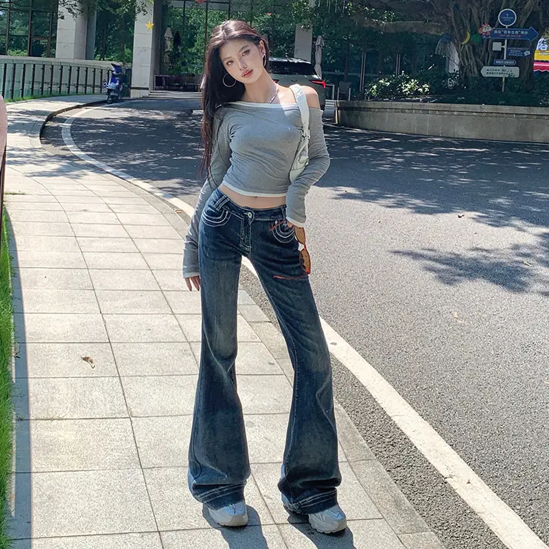 Women Flared Jeans Dark Blue 2025 Fall