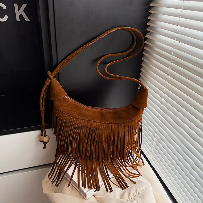 Retro Suede Underarm Bag Women Tan Fringe Shoulder - Image 6