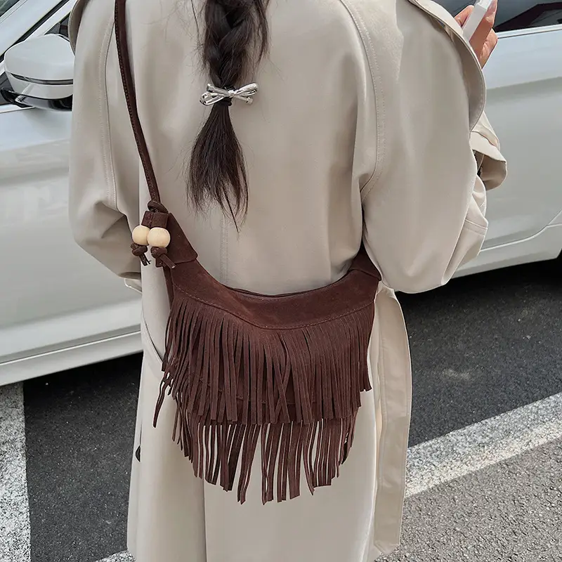 Retro Suede Underarm Bag Women Tan Fringe Shoulder - Image 7