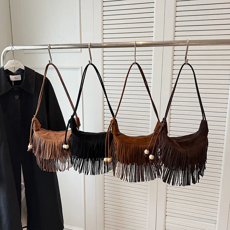 Retro Suede Underarm Bag Women Tan Fringe Shoulder - Image 8