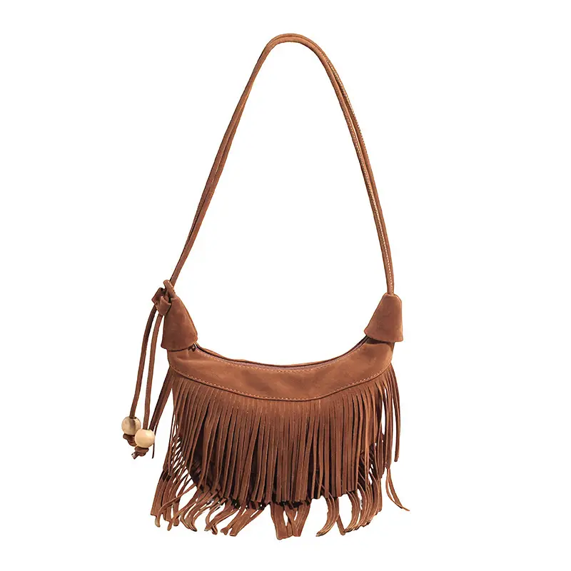 Retro Suede Underarm Bag Women Tan Fringe Shoulder - Image 9