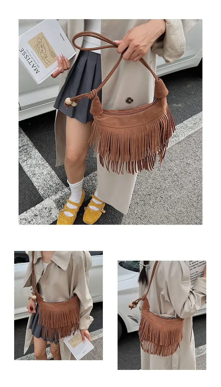 Retro Suede Underarm Bag Women Tan Fringe Shoulder — feature 10