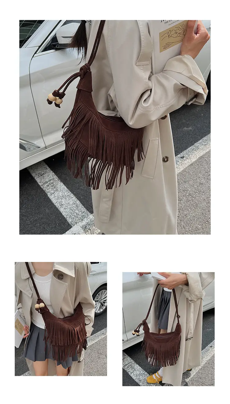 Retro Suede Underarm Bag Women Tan Fringe Shoulder — feature 11