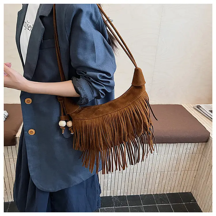 Retro Suede Underarm Bag Women Tan Fringe Shoulder — feature 12
