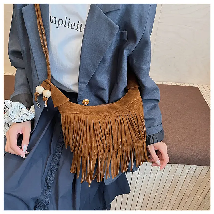 Retro Suede Underarm Bag Women Tan Fringe Shoulder — feature 13