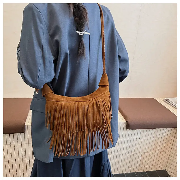 Retro Suede Underarm Bag Women Tan Fringe Shoulder — feature 14