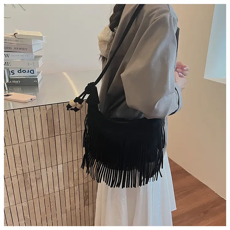 Retro Suede Underarm Bag Women Tan Fringe Shoulder — feature 15