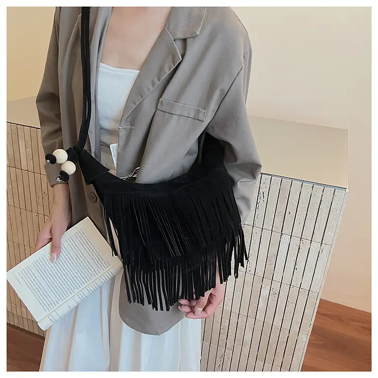 Retro Suede Underarm Bag Women Tan Fringe Shoulder — feature 16