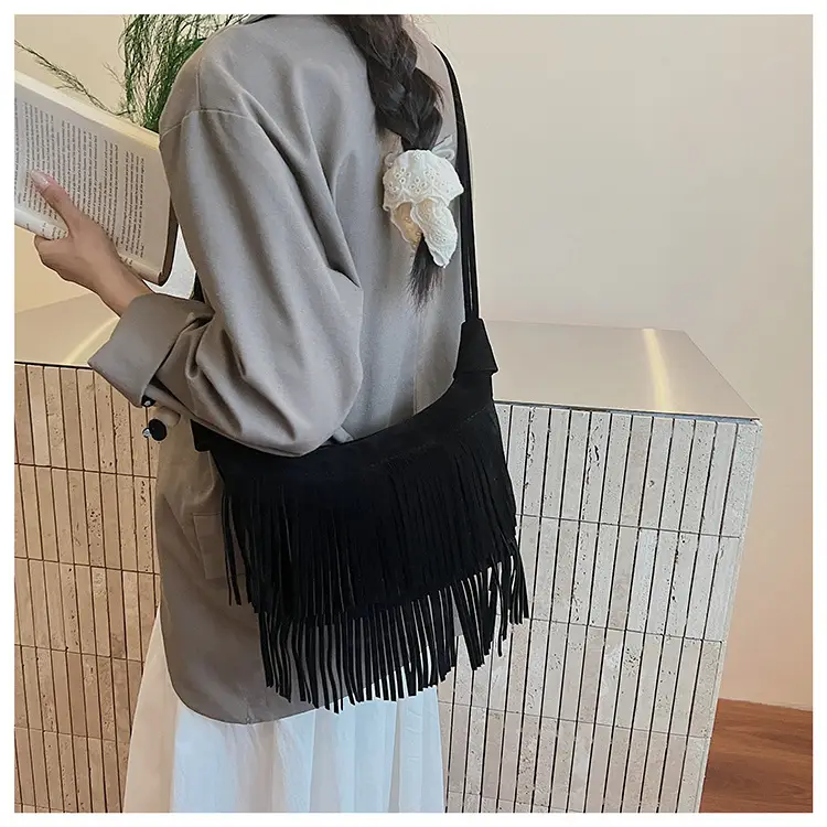 Retro Suede Underarm Bag Women Tan Fringe Shoulder — feature 17