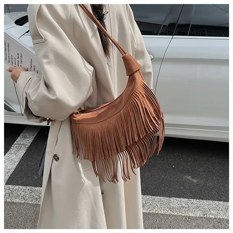 Retro Suede Underarm Bag Women Tan Fringe Shoulder — feature 18
