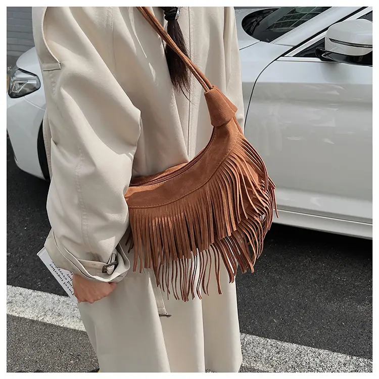 Retro Suede Underarm Bag Women Tan Fringe Shoulder — feature 19