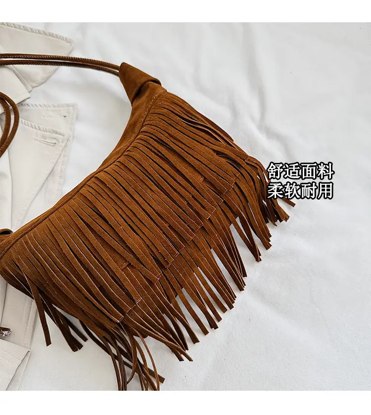 Retro Suede Underarm Bag Women Tan Fringe Shoulder — feature 2