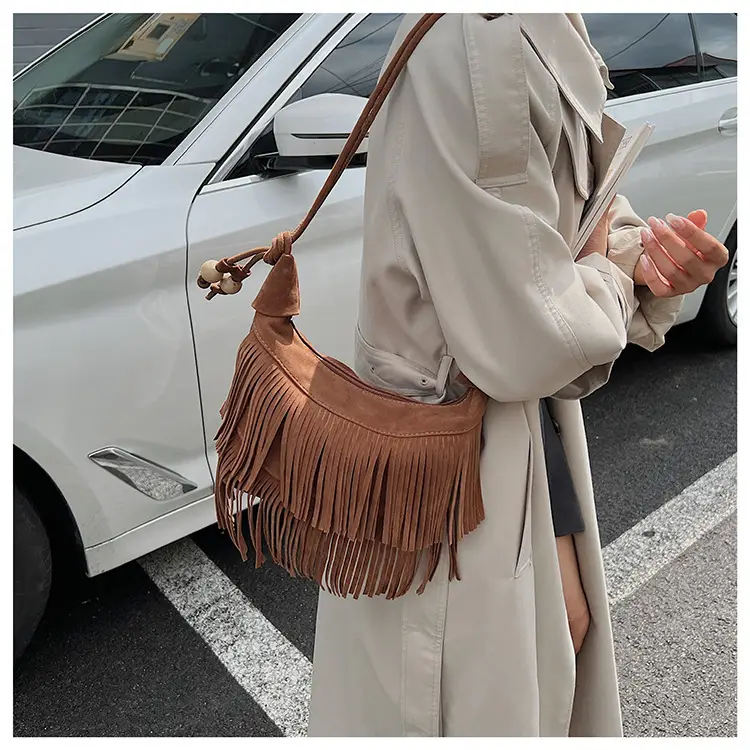 Retro Suede Underarm Bag Women Tan Fringe Shoulder — feature 20