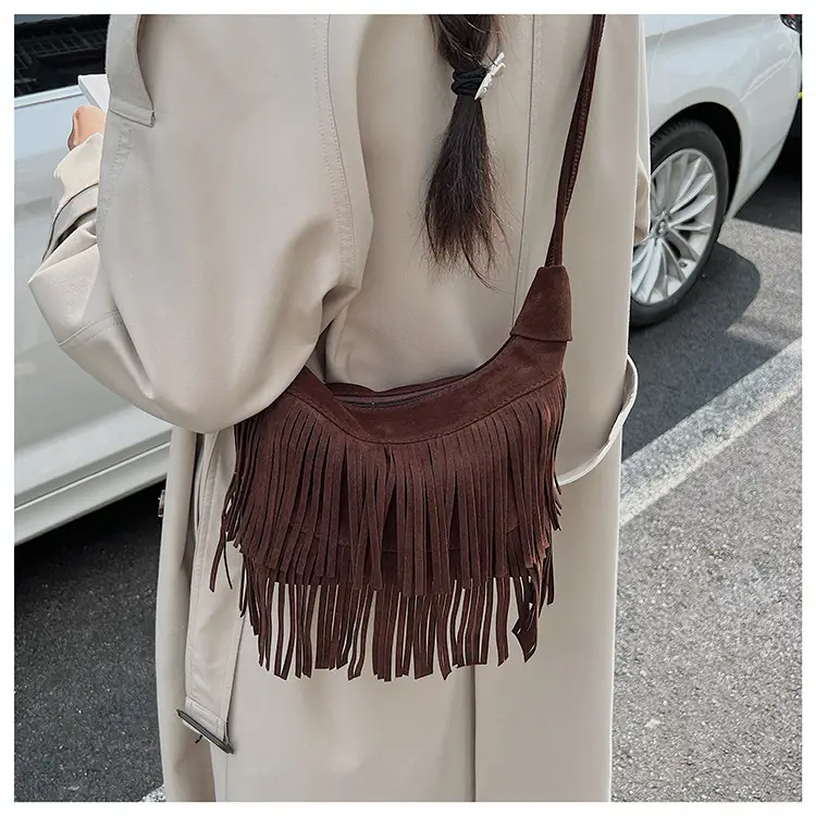 Retro Suede Underarm Bag Women Tan Fringe Shoulder — feature 21