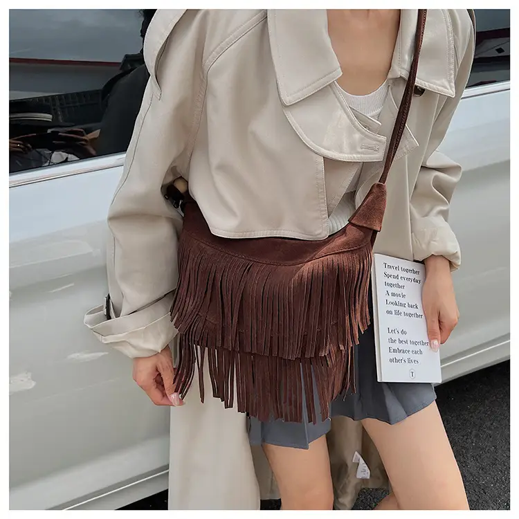 Retro Suede Underarm Bag Women Tan Fringe Shoulder — feature 22