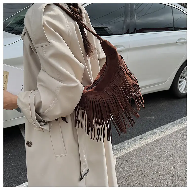 Retro Suede Underarm Bag Women Tan Fringe Shoulder — feature 23