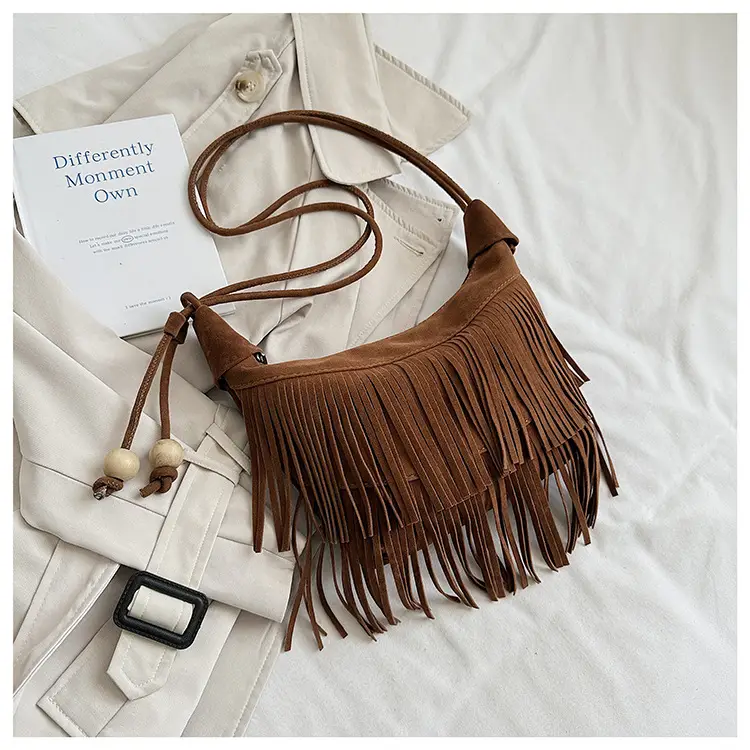 Retro Suede Underarm Bag Women Tan Fringe Shoulder — feature 24