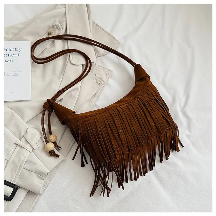 Retro Suede Underarm Bag Women Tan Fringe Shoulder — feature 25