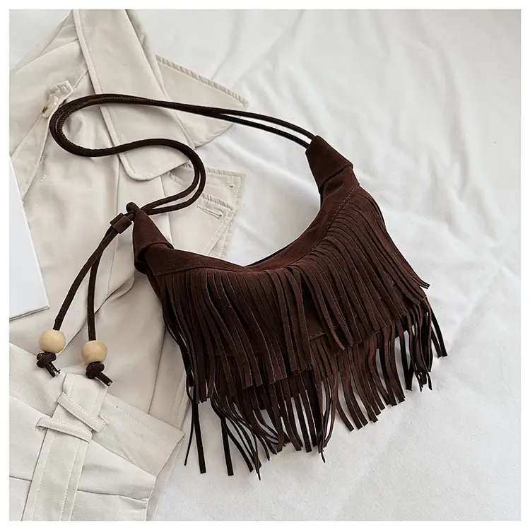 Retro Suede Underarm Bag Women Tan Fringe Shoulder — feature 26