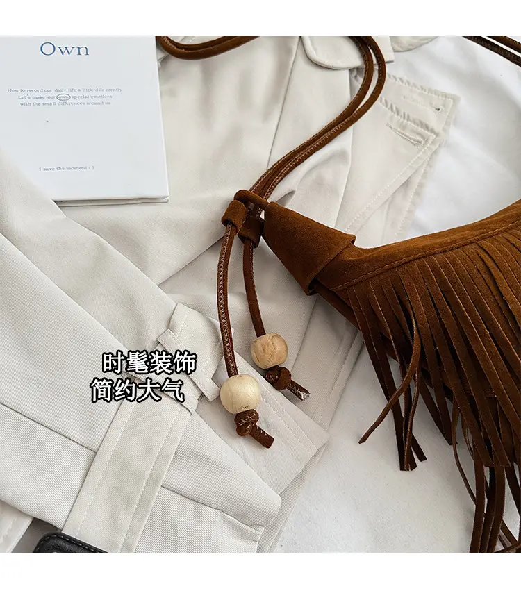 Retro Suede Underarm Bag Women Tan Fringe Shoulder — feature 3