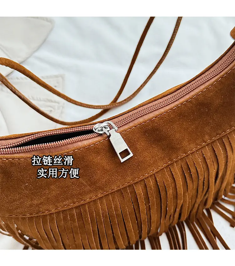 Retro Suede Underarm Bag Women Tan Fringe Shoulder — feature 4