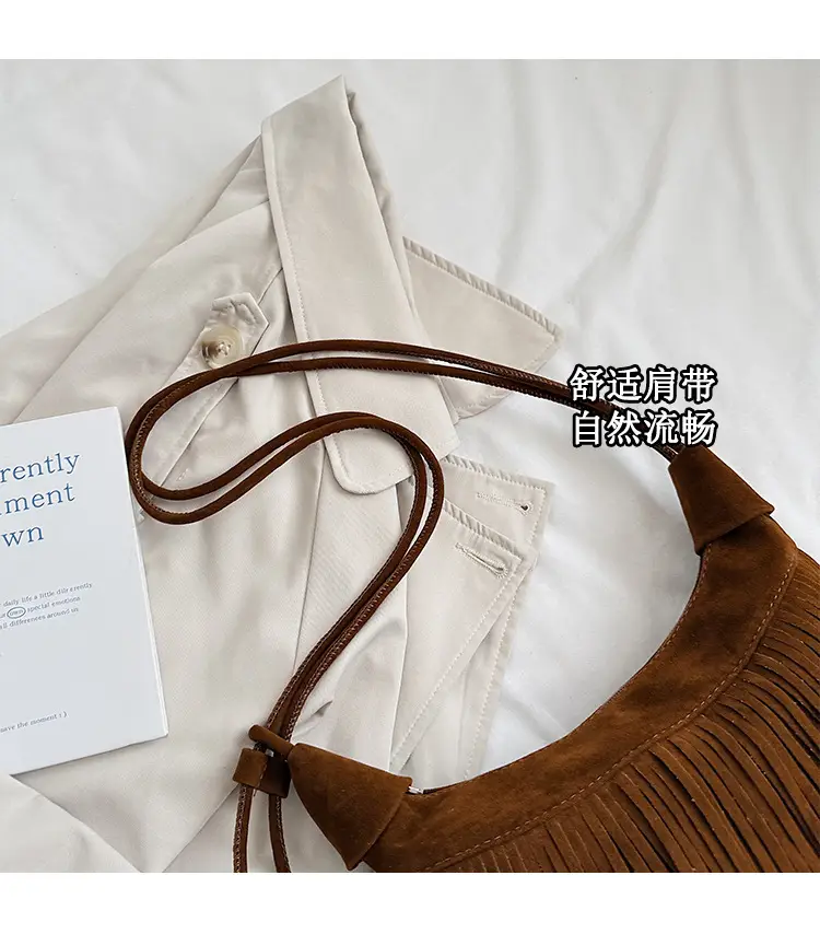 Retro Suede Underarm Bag Women Tan Fringe Shoulder — feature 5